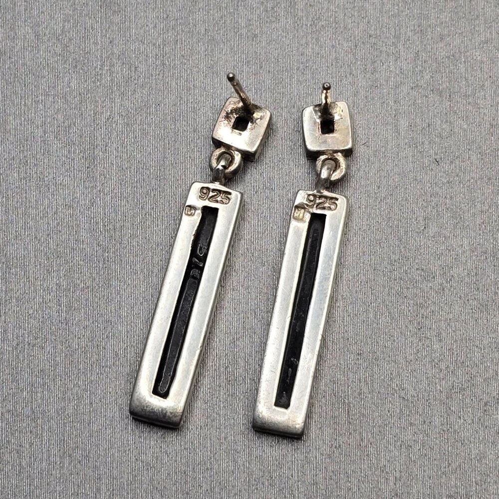 VTG 925 Sterling Silver Black Onyx Dangle Earrings 1.25" Art Deco Style Signed M - Picture 4 of 7
